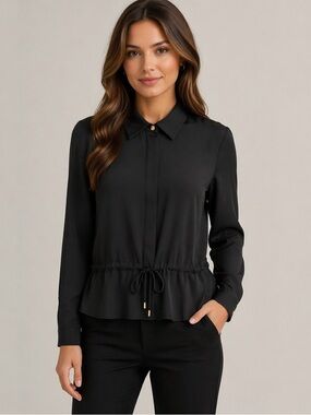 Tristan Black Button Down Shirt with Drawstring